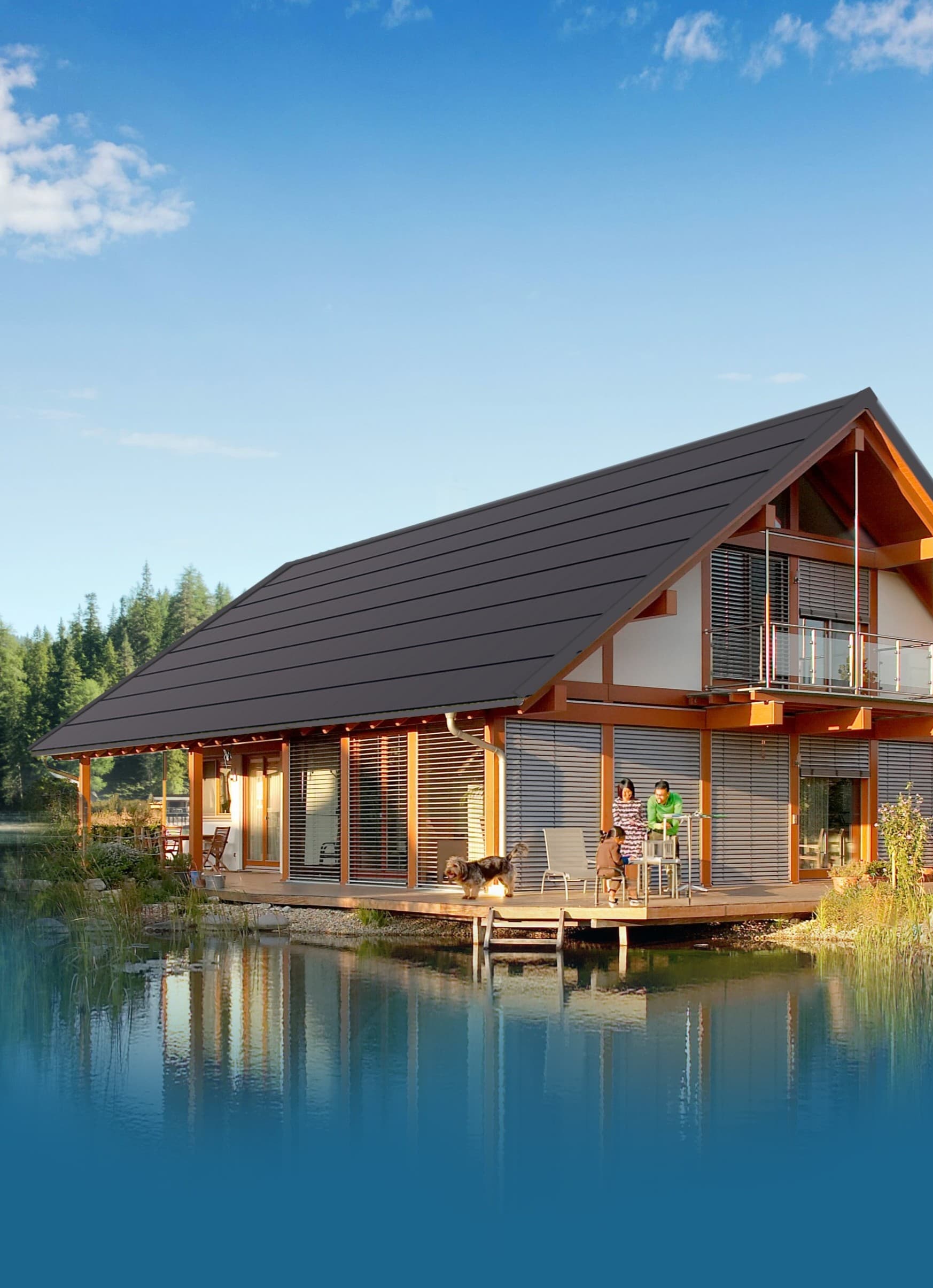 A modern house with a large sloped roof set against a forest backdrop.