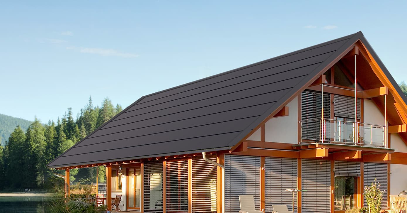 A modern house with a large sloped roof set against a forest backdrop.