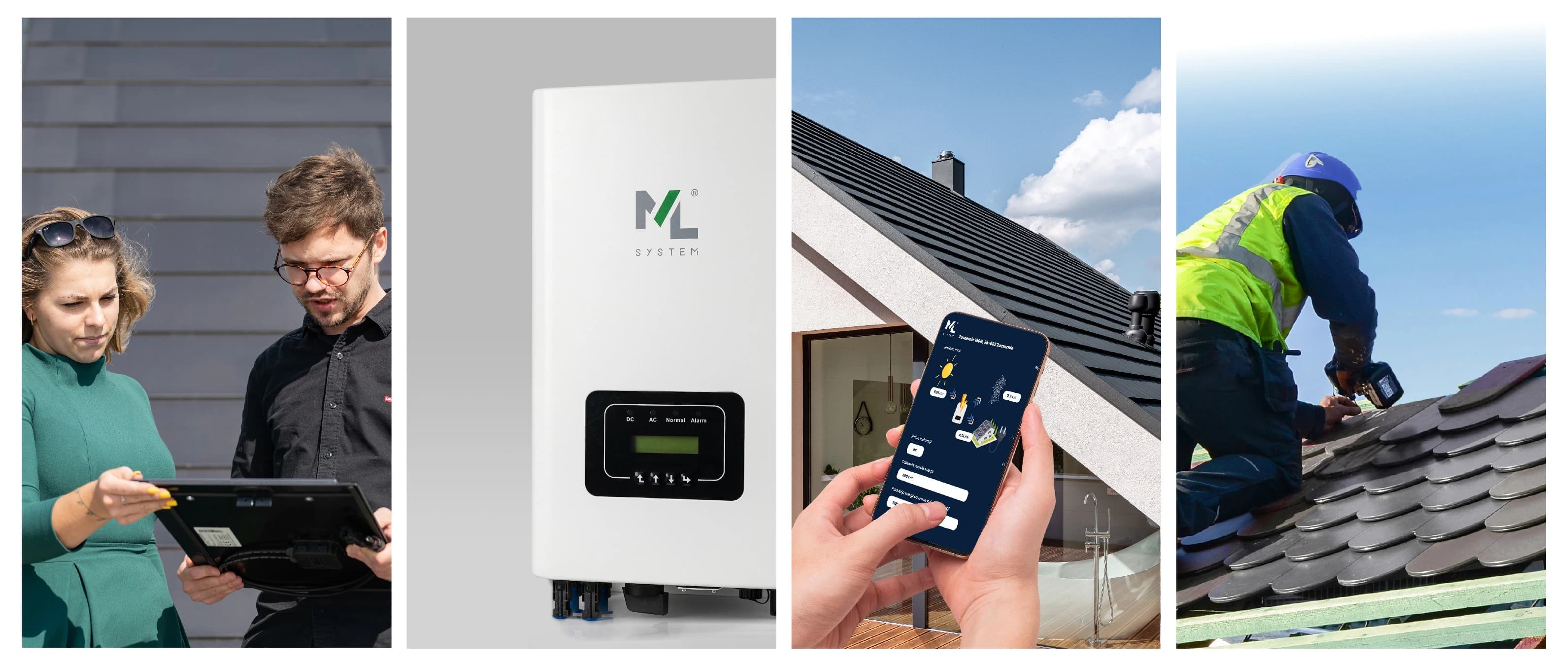 Kolaż przedstawiający doradztwo techniczne, urządzenia PV, aplikację do monitorowania oraz montaż modułów, pokazujący różne etapy tworzenia rozwiązań, jakie oferują nowoczesne dachy z fotowoltaiki