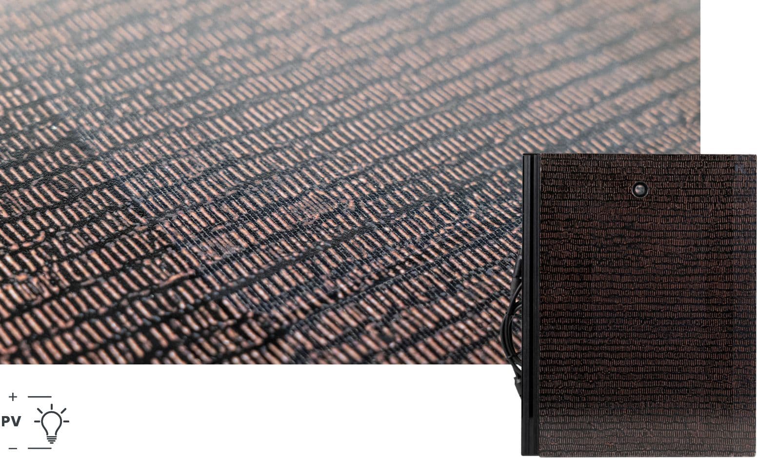A close-up of the copper-textured module and a single panel showing the appearance of a modern photovoltaic tile with a decorative structure, designed as an integrated solar for tile roof solution