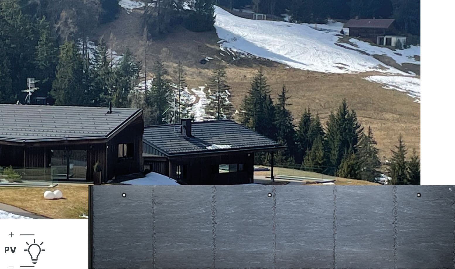 A view of a mountain landscape with modern houses whose roof surfaces feature tiles used as an example of material resembling natural slate, illustrating how solar on roof can blend with traditional aesthetics