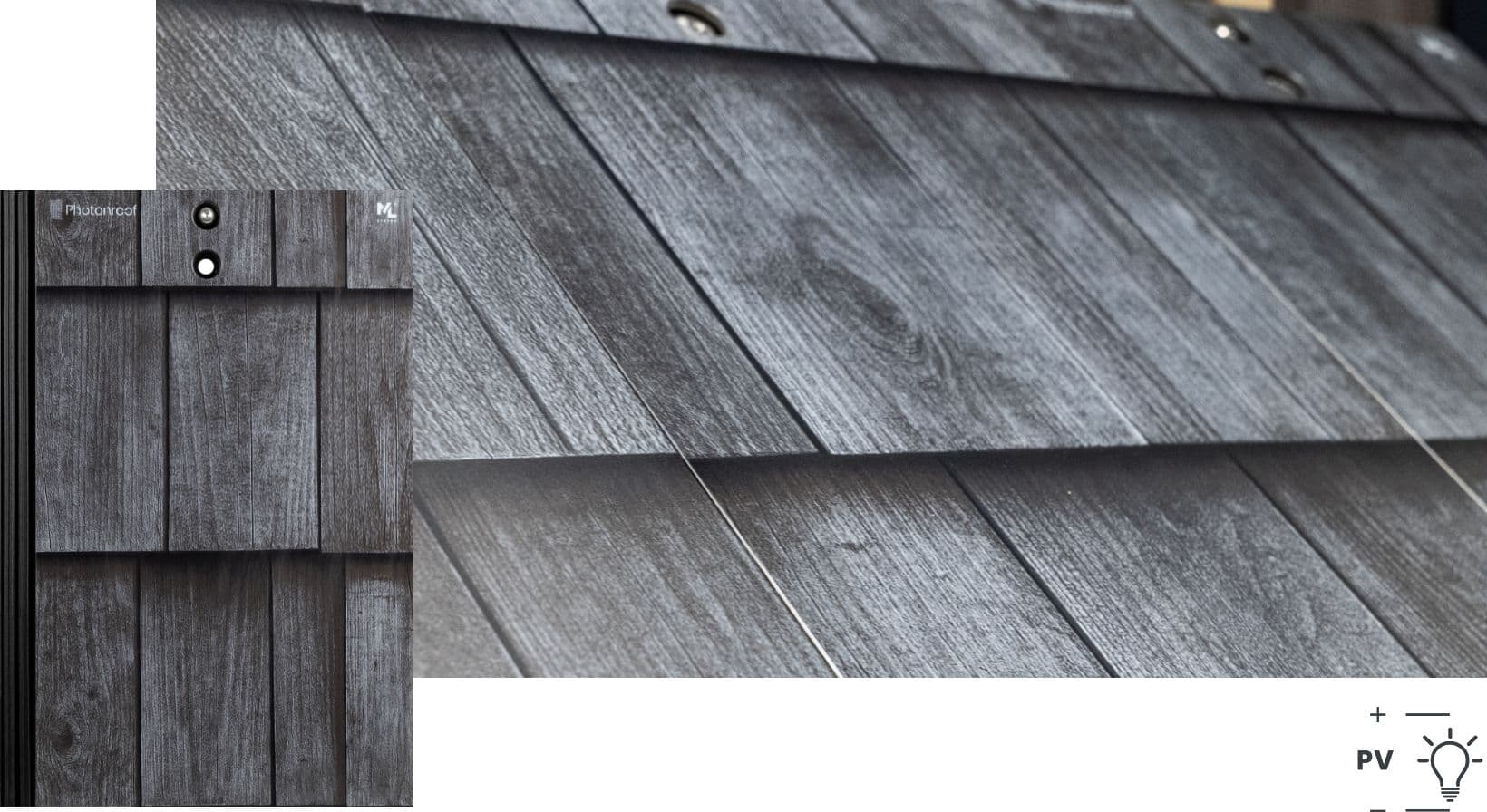 A close-up of wood-textured modules showing modern photovoltaic tiles in an aesthetic, natural style, demonstrating how solar panels on roof can blend with traditional materials
